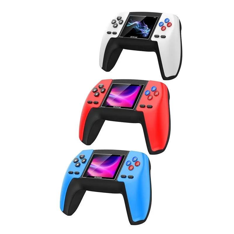 Double handle retro TV game console in blue with AV and USB cables on a white background