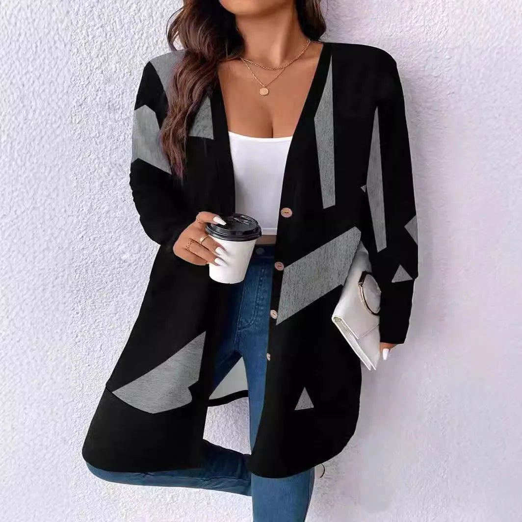 Black plus size women's casual cardigan coat with button detailing and printed stitching