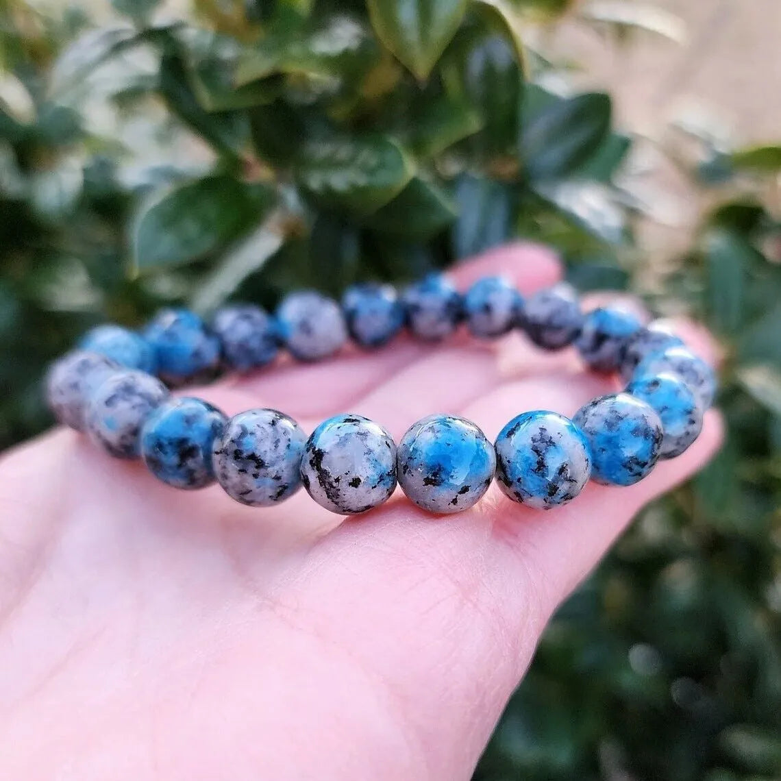 Handmade geometric K2 azurite stone bracelet showing blue-green beads in new Chinese minority style