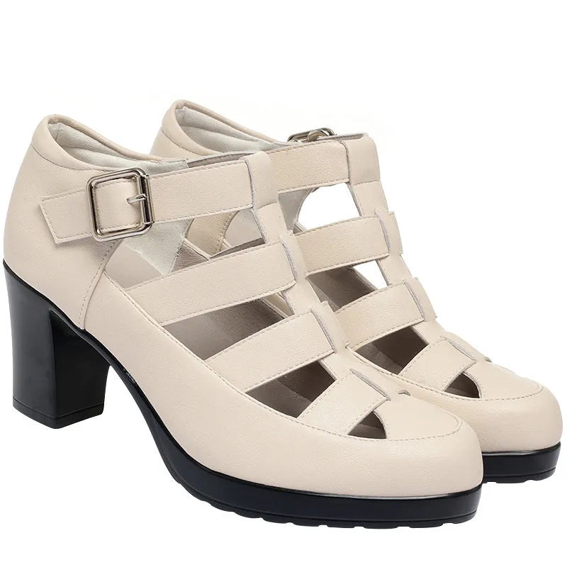 Beige women's closed toe sandals with a chunky heel, woven hollowed upper, and ankle strap buckle.