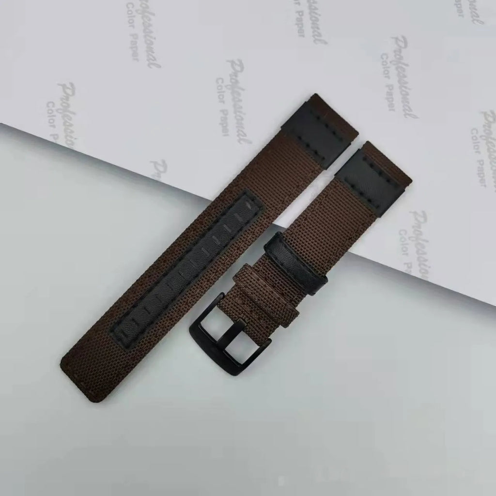 Oxford cloth canvas watch strap shown in multiple colour options including camouflage, with 20mm, 22mm, and 24mm sizing displayed.