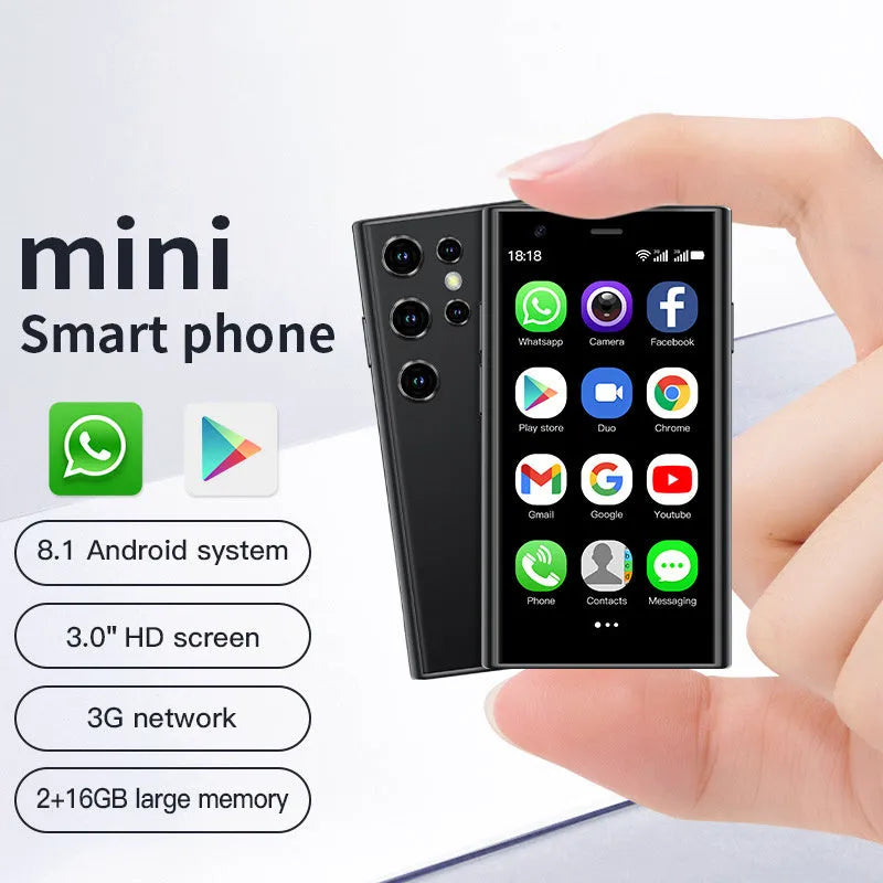 Mini smartphone with 30-inch screen in black, green, or pink purple colours showing Android interface