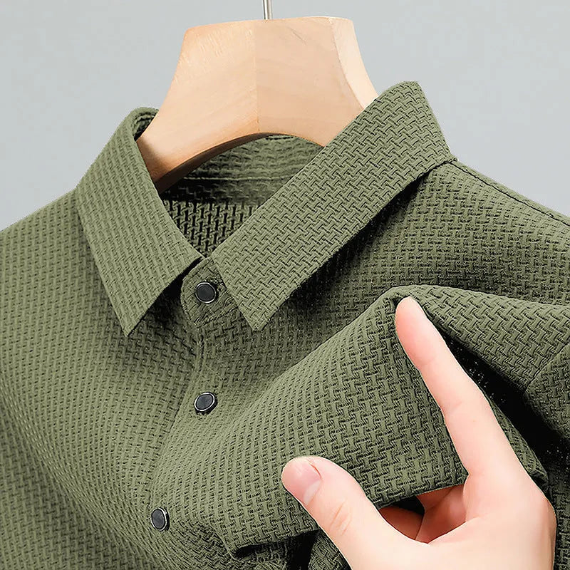 Business casual asymmetric nylon top in khaki on white background
