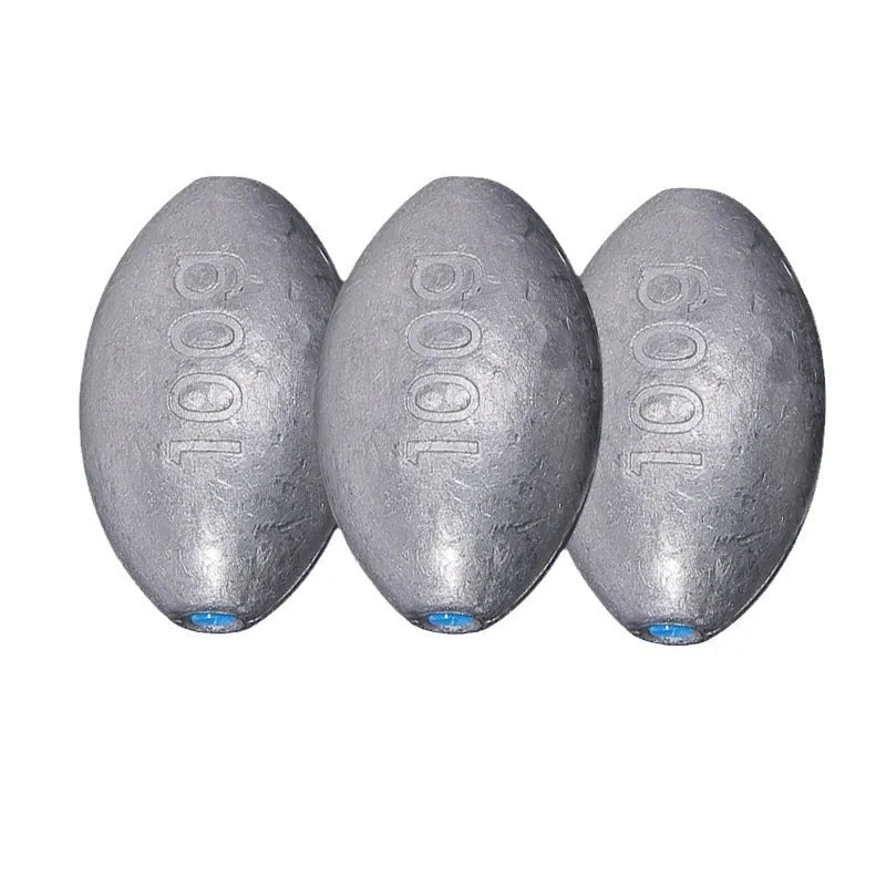 Rugby-shaped sea fishing lead sinker with plastic core in various weights from 10g to 150g