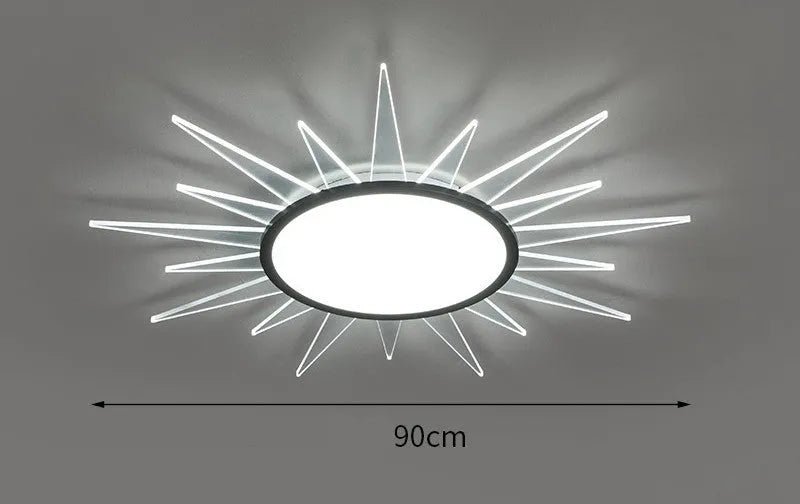 Round aluminium LED ceiling lamp with remote control for dimmable white and tricolour lighting.