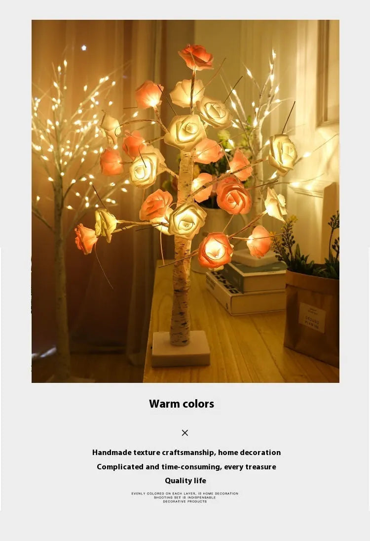 60cm Christmas Rose Shining Tree Lamp with pink and white rose flowers, USB battery dual-use