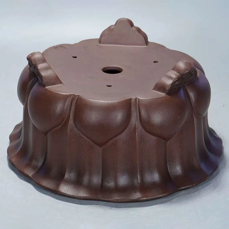 Purple red mud antique ceramic succulent pot with petal basin shape, 37 cm wide.
