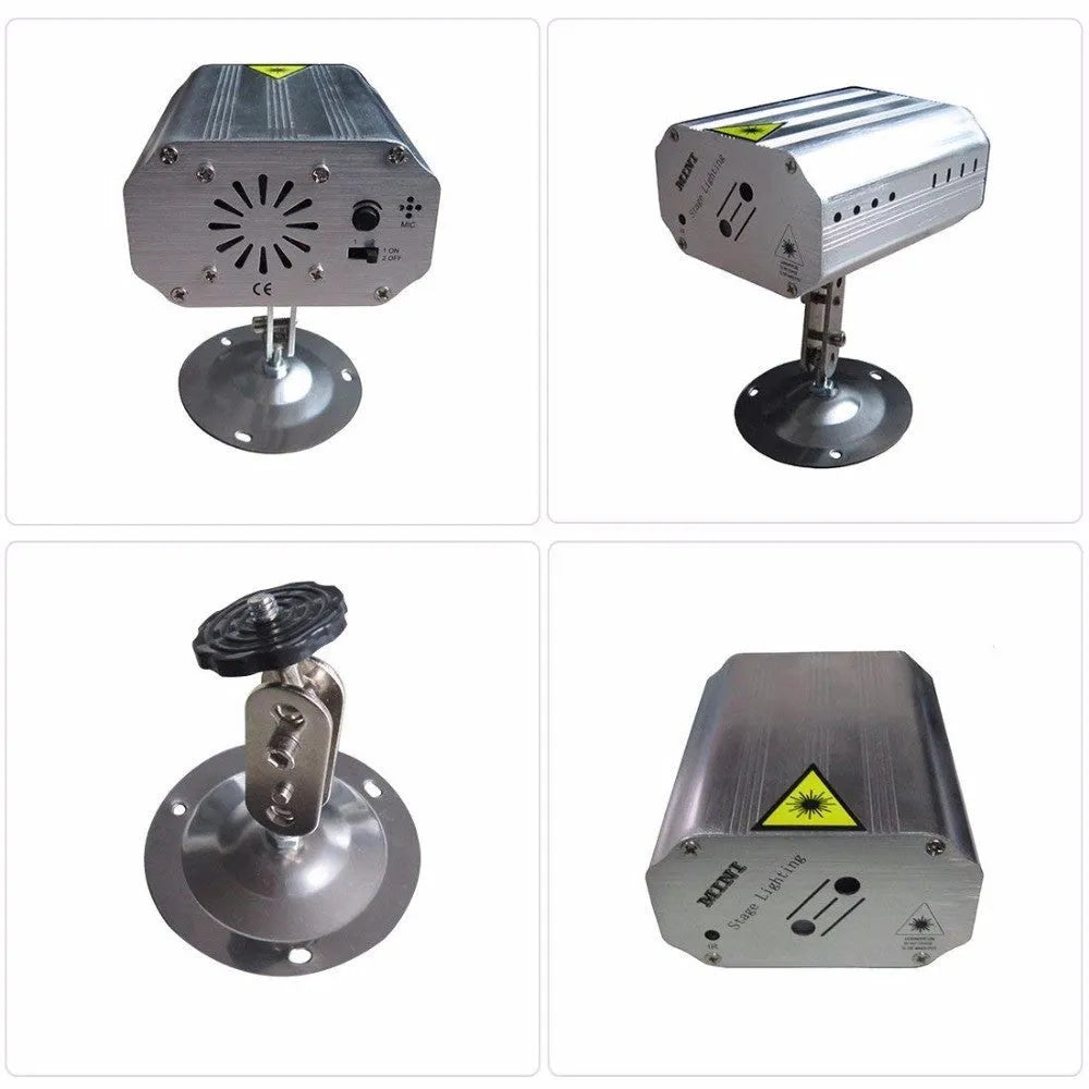 JC-24 dual laser light emitting red and green patterns against a dark indoor background with voice control remote included