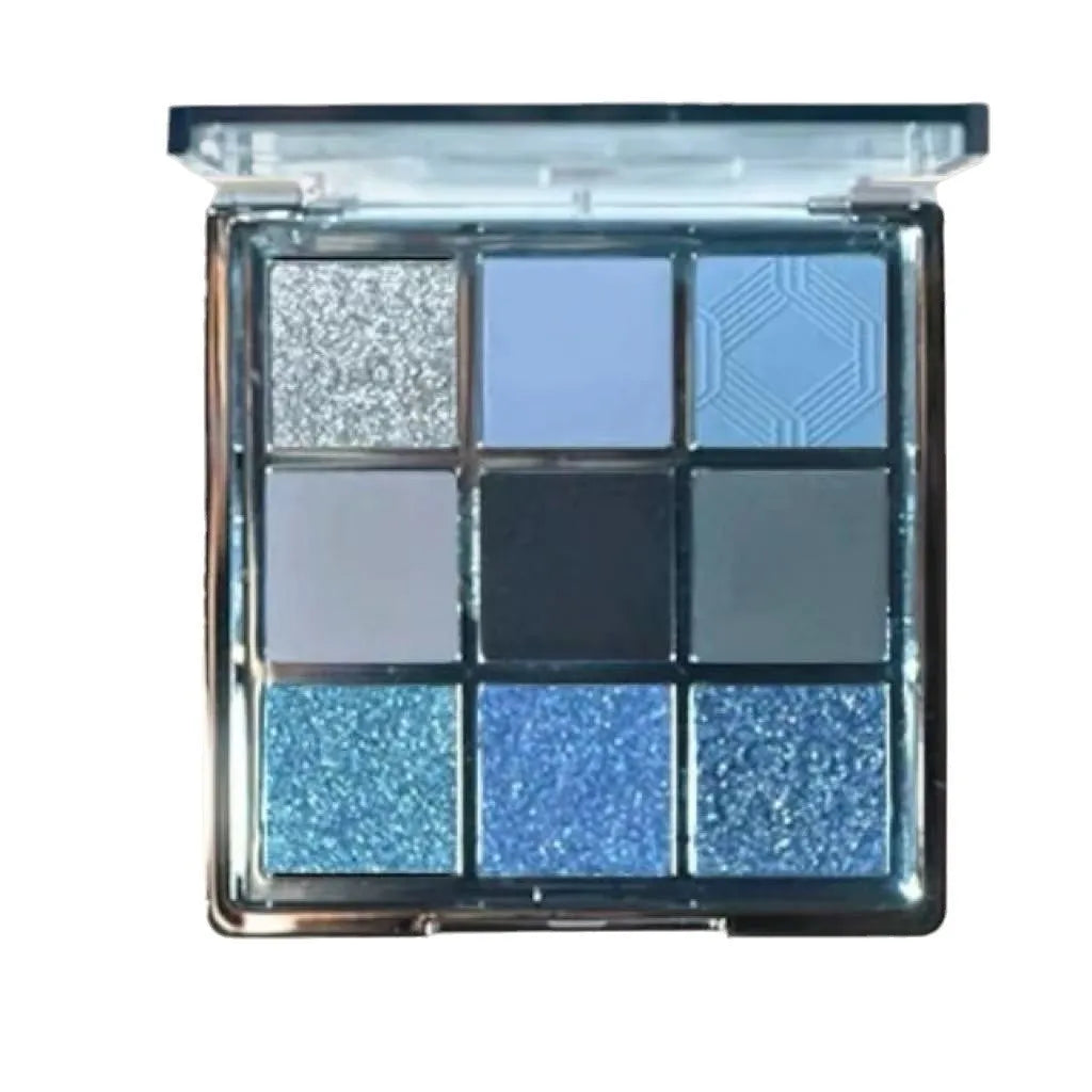 MUGELEEN nine-colour eyeshadow palette showing ice blue smoked shades and earth tone mattes