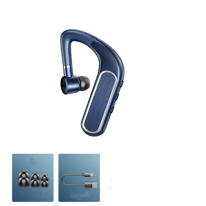 Black Bluetooth earphones with hanging ear design shown with three pairs of silicone ear caps and charging cable