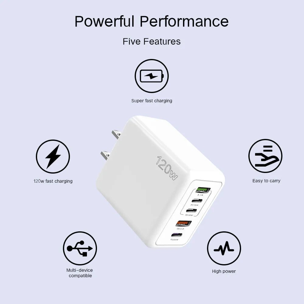 120W multi-port fast charger with five USB ports in white colour and UK three-pin plug