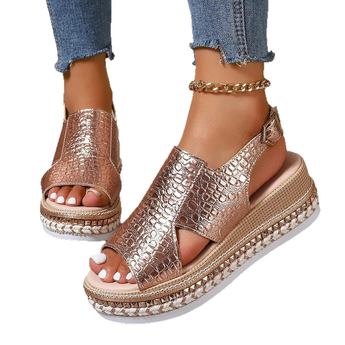 Gold women's Roman sandals with round toe, hollow-out design, and adjustable ankle buckle