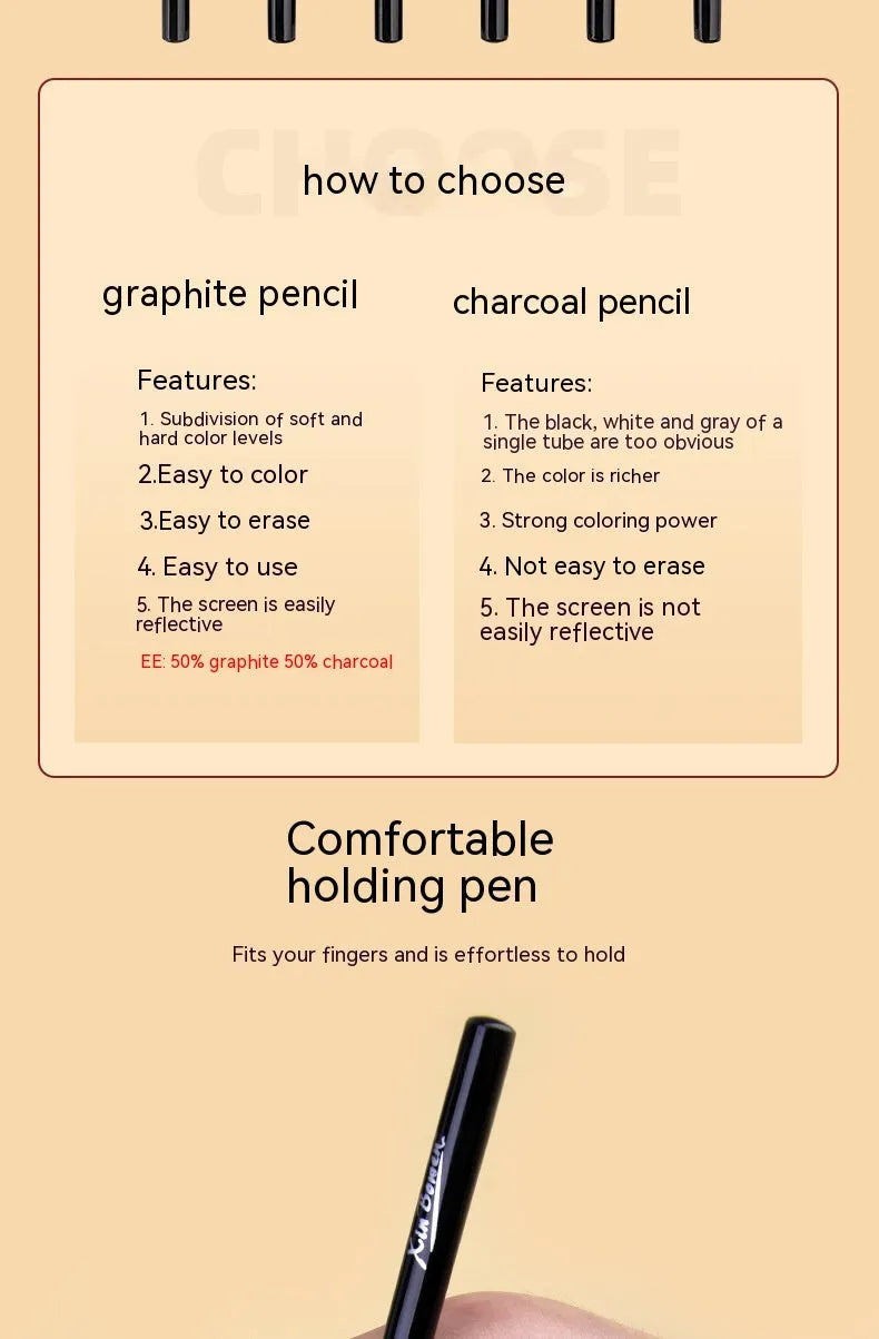 Set of six wood-free graphite sketching pencils with grades HB, 2B, 4B, 6B, 8B, and EE.