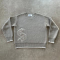 Gray loose-fitting Jacquard knitwear coat with long sleeves on a hanger.