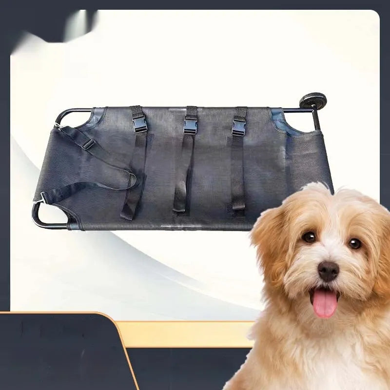 Black aluminium alloy folding pet stretcher for large dog emergency transport.