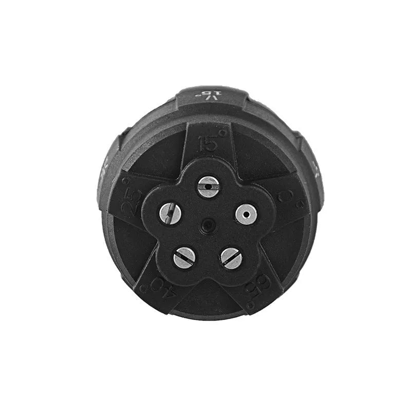 Multi-functional five-in-one spray nozzle for high-pressure water guns made from white engineering plastic.