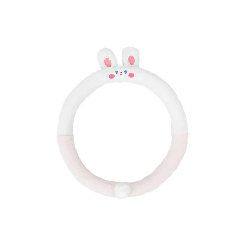 Plush thermal car steering wheel cover with embroidered cartoon panda design, shown fitted on a 38cm wheel.