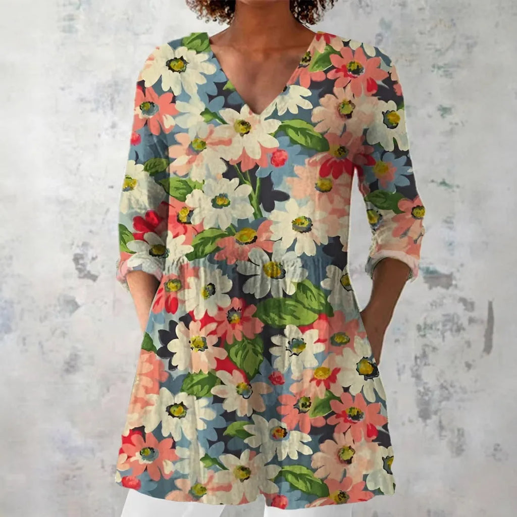 Women's slim-fit retro printed long-sleeved top in a solid colour on a hanger.