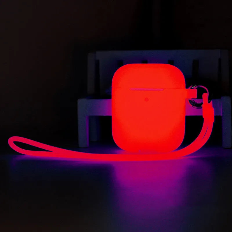 Luminous silicone AirPods case with integrated carrying strap in blue colour