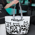 Blue waterproof PP woven handbag with colour printed design showing clothing and cosmetics storage