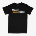 Black men's T-shirt with a 3D digital printed text pattern, short sleeves, and a round neck.