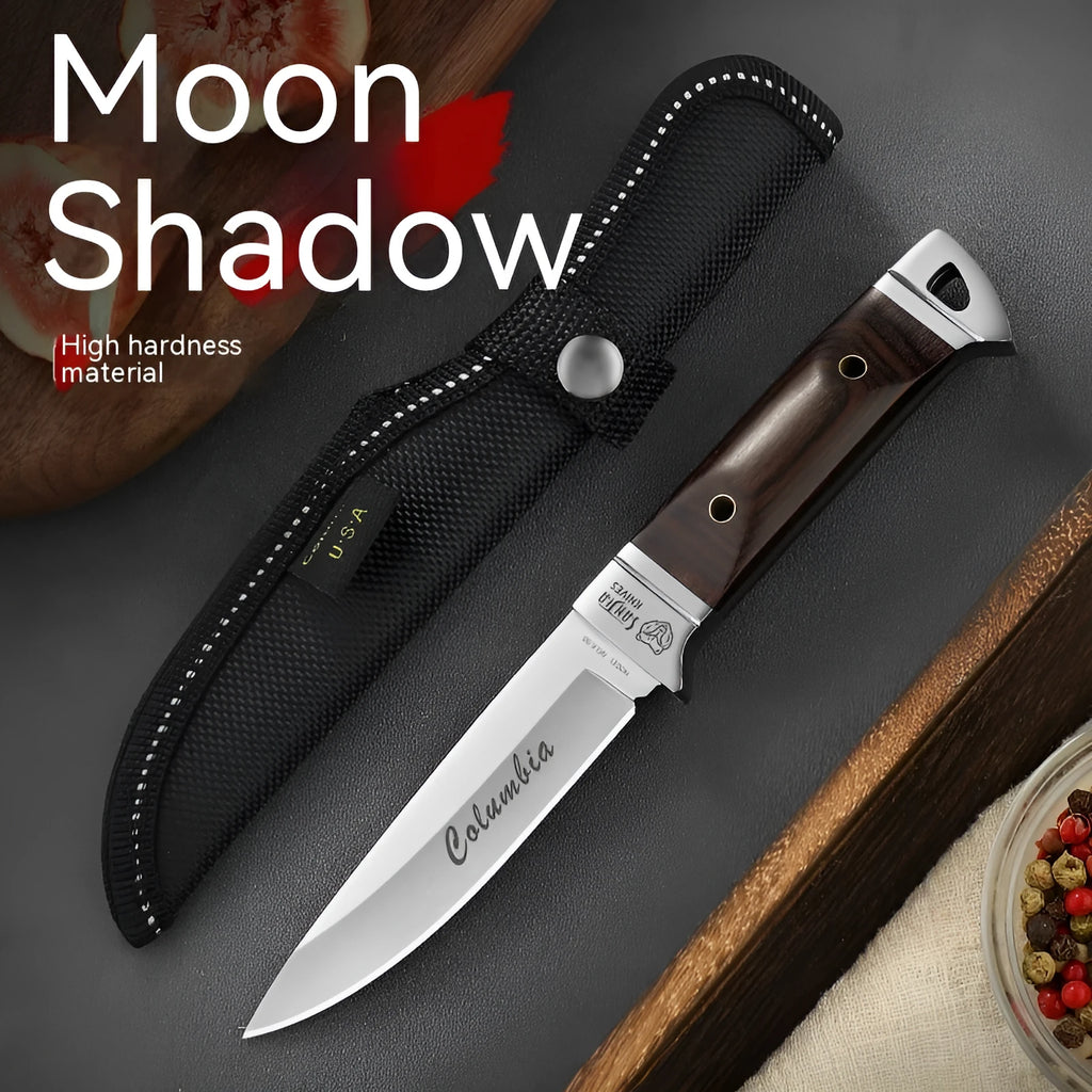 Camping portable fruit knife with leather case, stainless steel blade, national style design