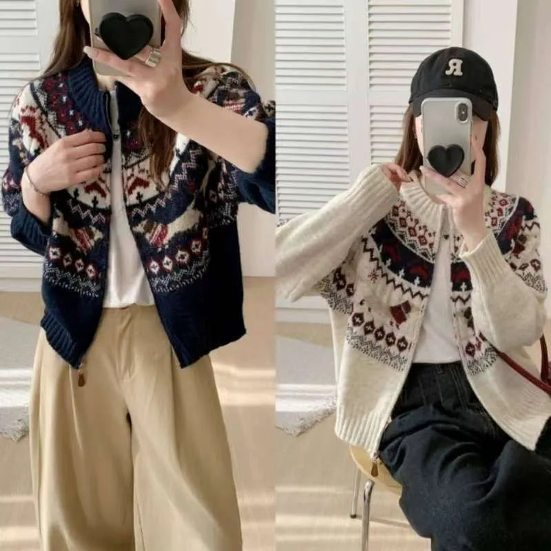 Beige apricot ethnic style jacquard pullover sweater with a 3D pattern and loose fit.