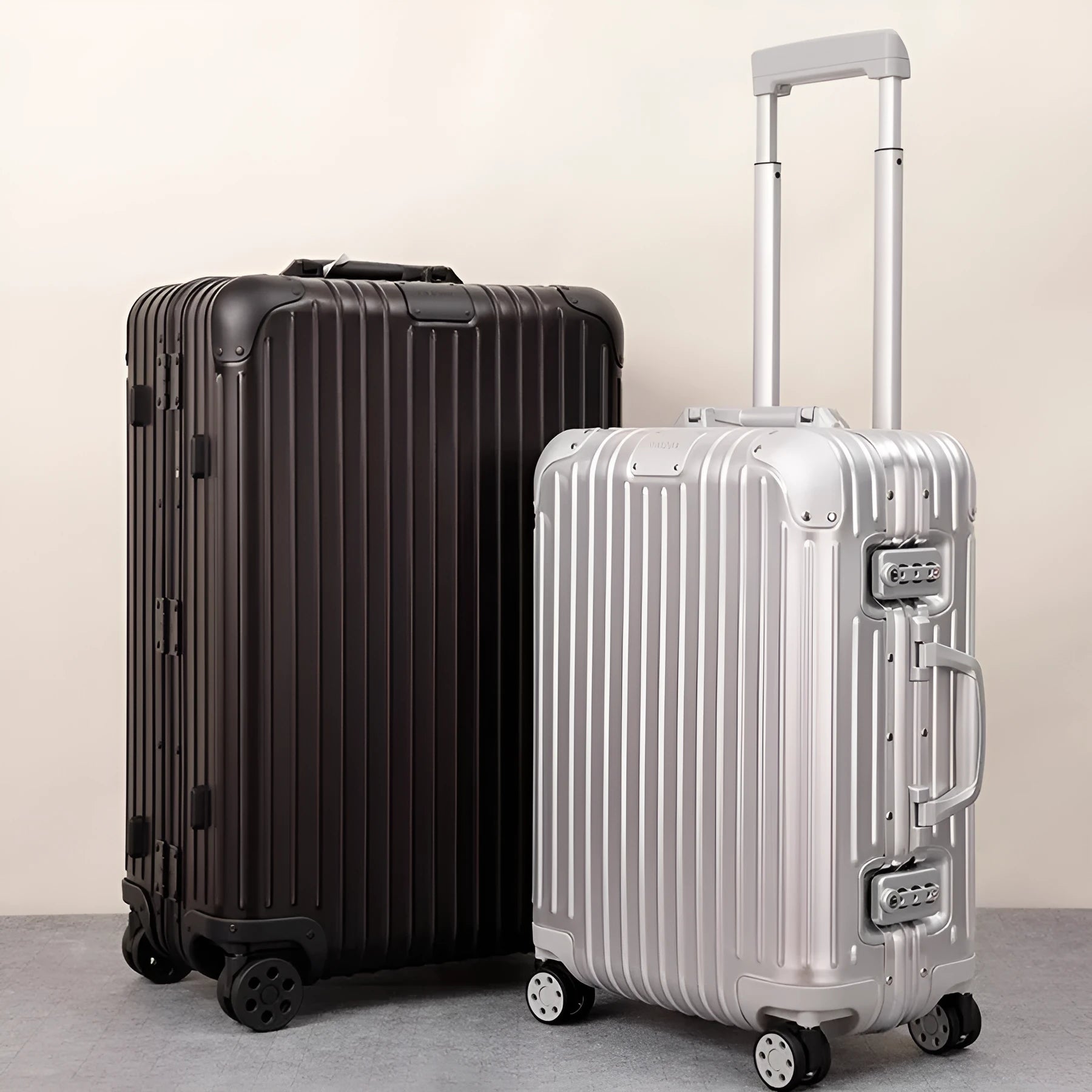 Alloy trolley case luggage with metal frame, universal wheels, solid colour, available in multiple sizes