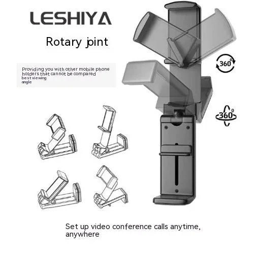 Black foldable rotating universal phone holder shown open on a desk, holding a smartphone.
