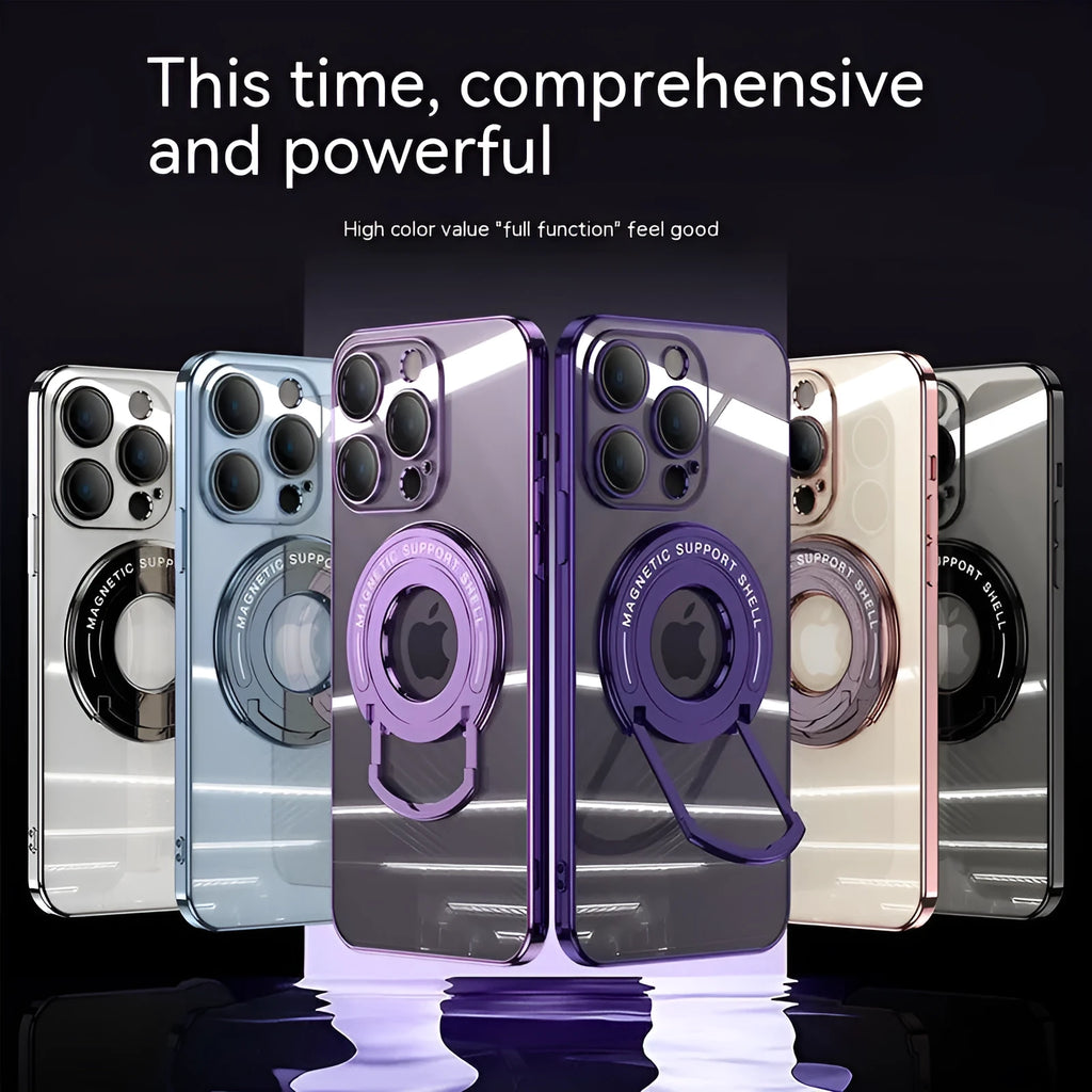 Transparent magnetic iPhone case with integrated pull rod bracket extended, showing dark purple colour and electroplated finish