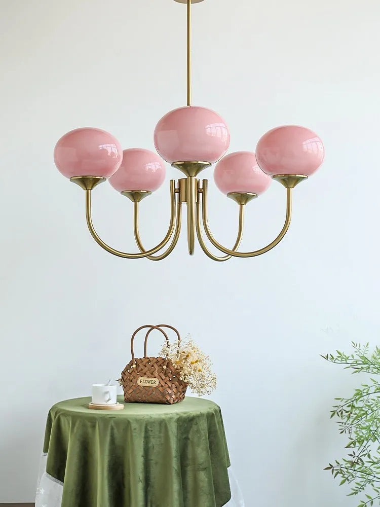 5-head retro glass chandelier with iron frame and LED tricolour light in pink gold finish