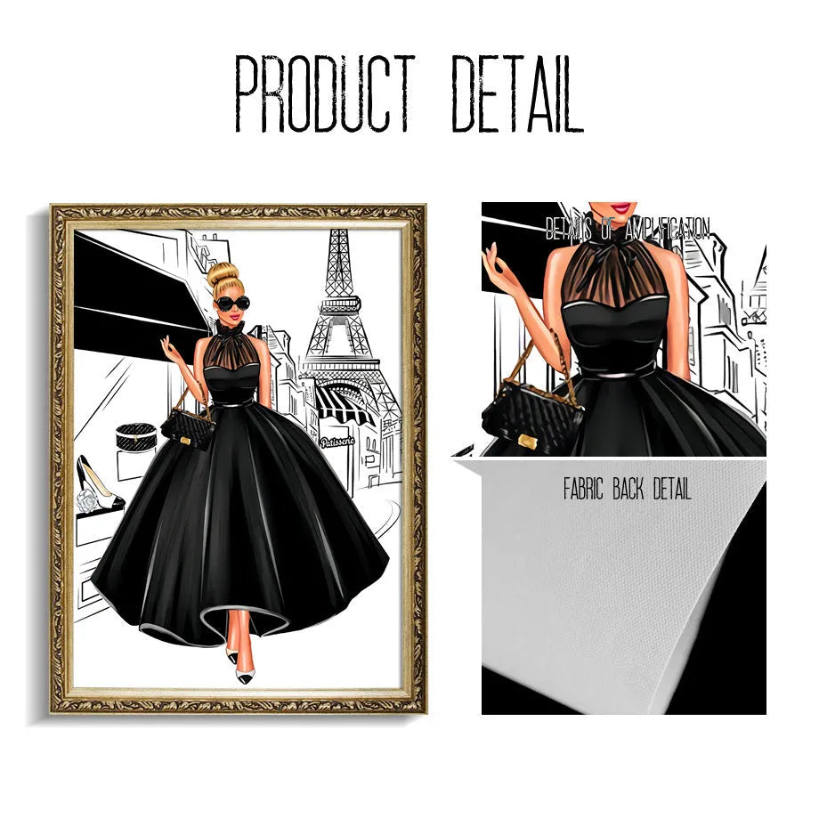 Canvas wall art print showing fashion girl cartoon design with balloon and champagne elements