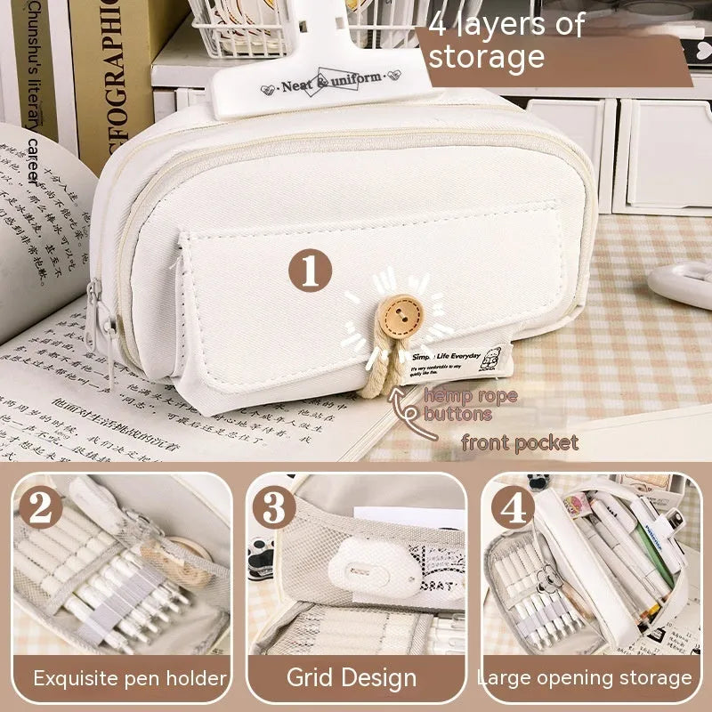 Large capacity canvas pencil case for girls in beige, blue, gray, or green, holding many pens.