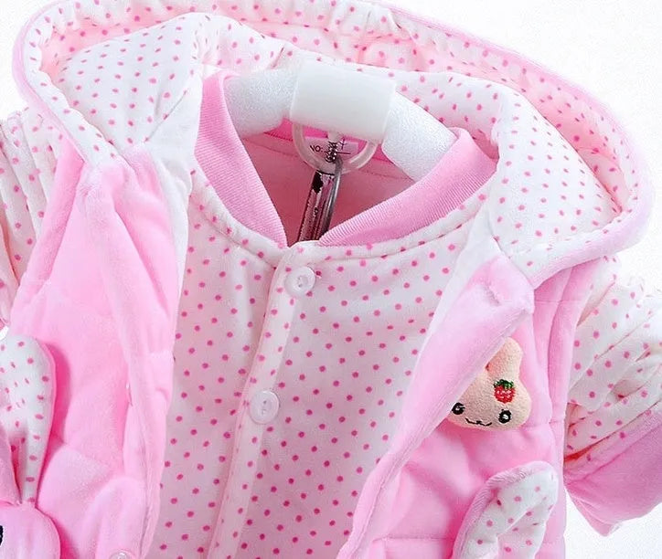 Baby girl pink autumn winter three-piece clothing set with jacket, vest, and pants in flannel cotton fabric