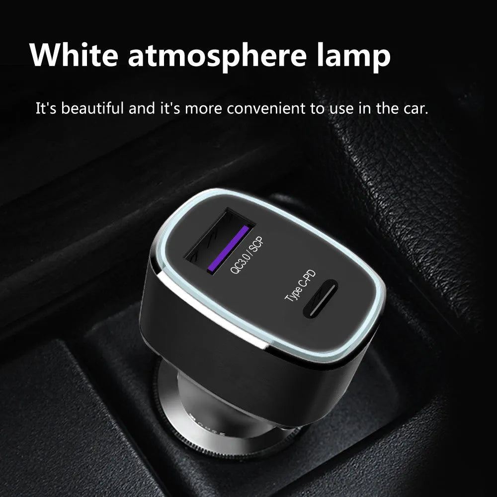 Dual USB Type C car charger with black or grey housing for cigarette lighter fast charging