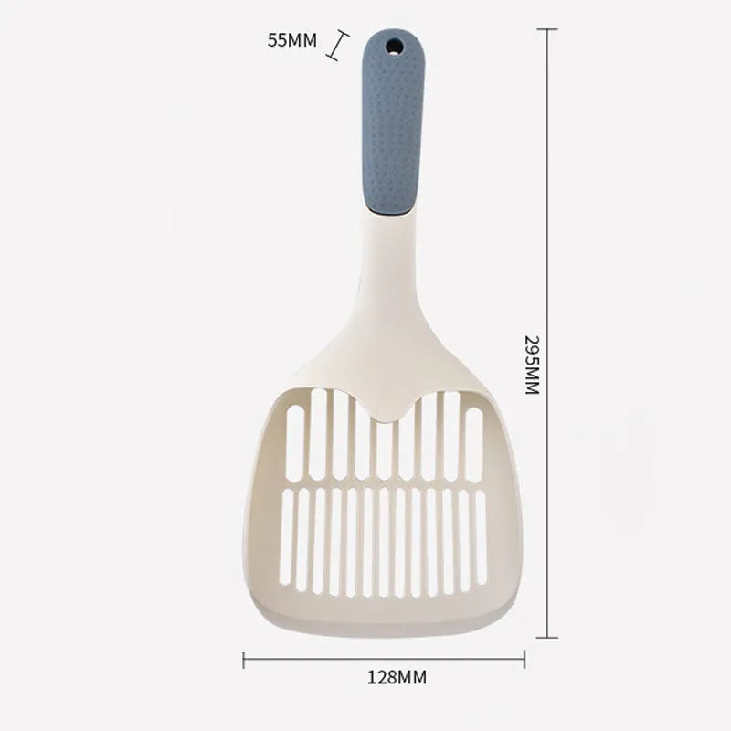 Large white plastic cat litter shovel with angled handle on a grey background.
