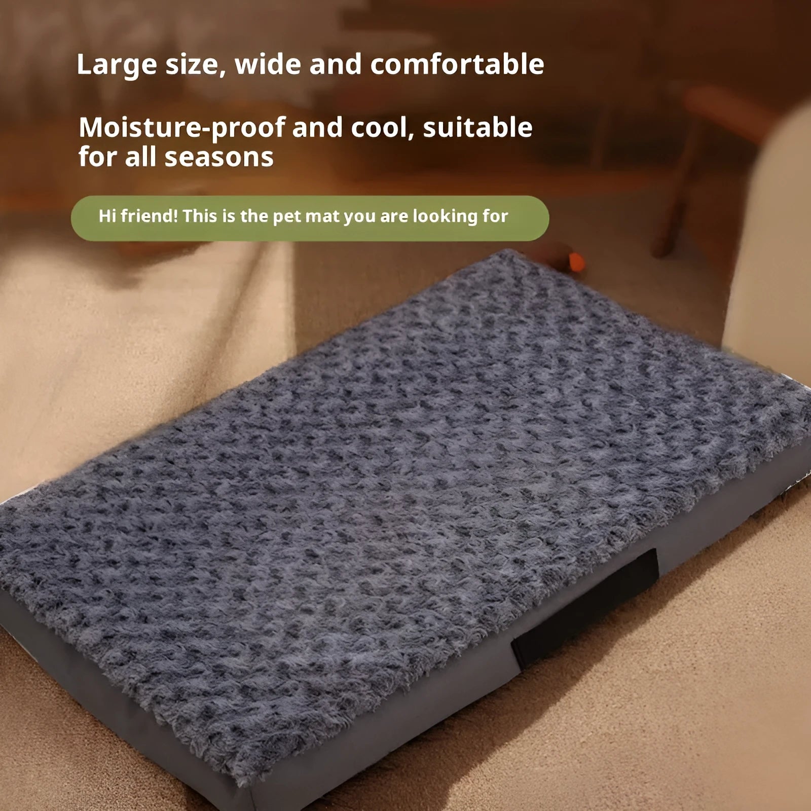 Dark gray embossed velvet pet mat on floor, with size and weight information