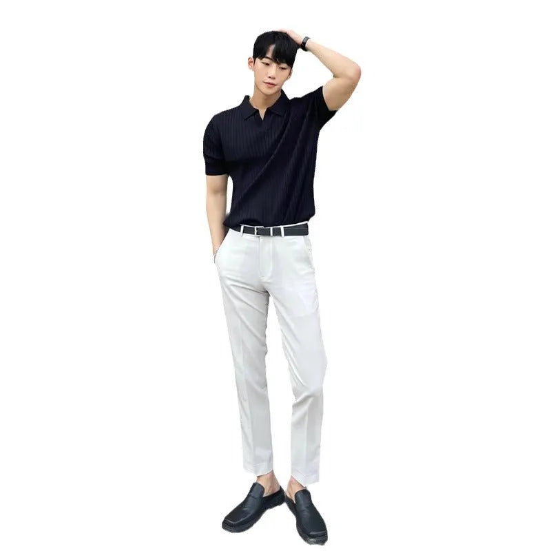 Summer stripes short sleeve polo shirt for men, slim fit, available in black, white, green, apricot, sizes M–3XL
