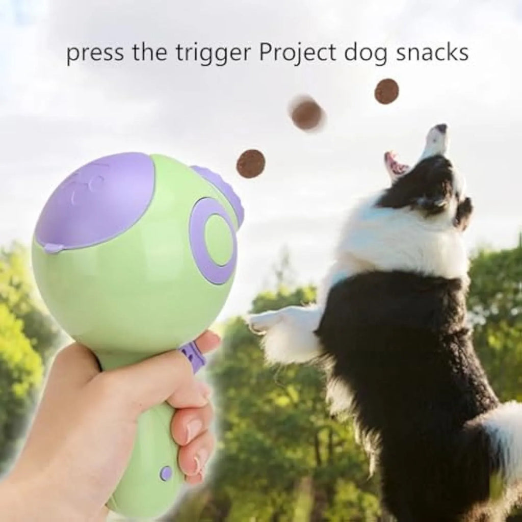 Green dog treat launcher toy with automatic food dispenser for pet training
