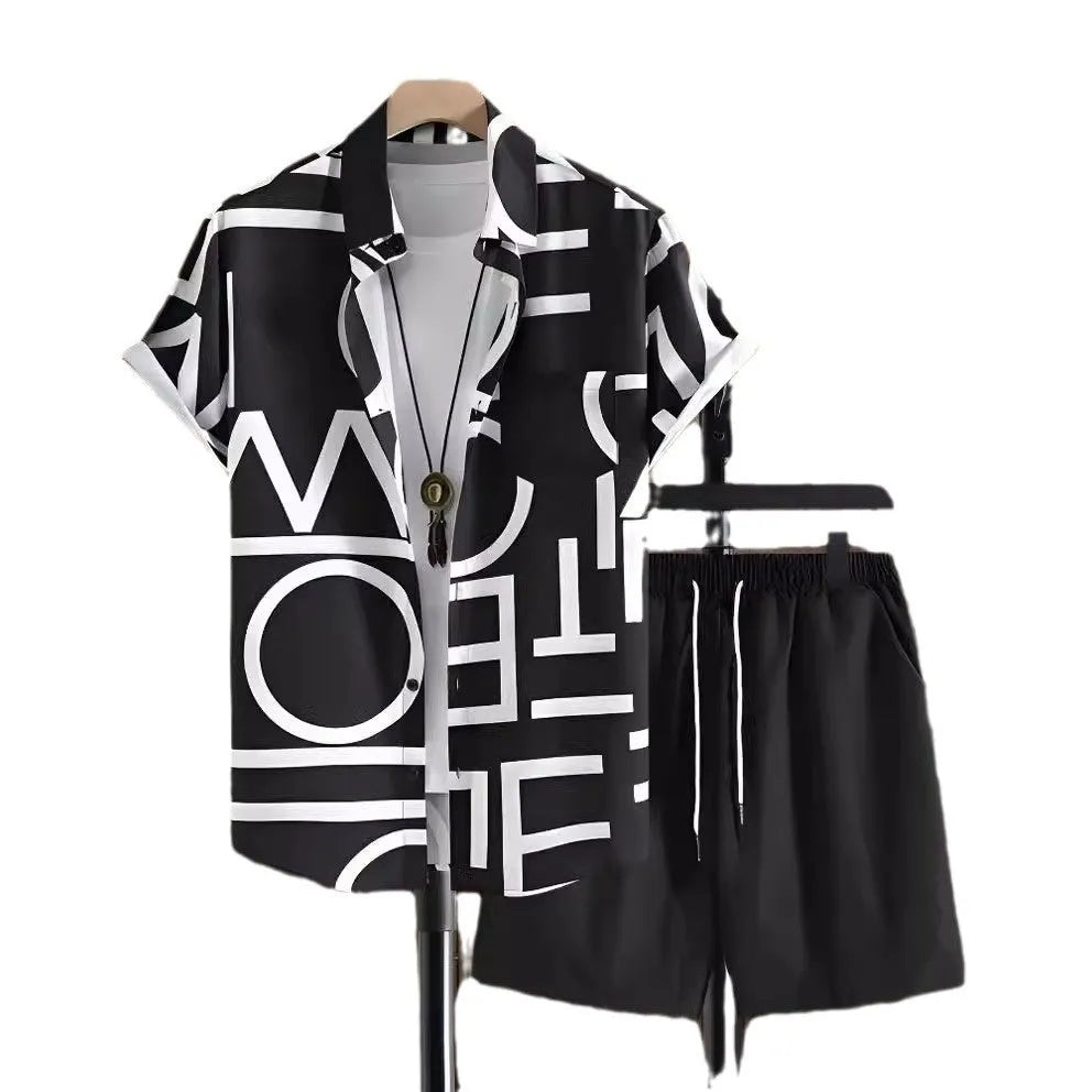 Black and white striped Hawaiian men's pullover shirt and shorts set on a model, loose fit, short sleeves.