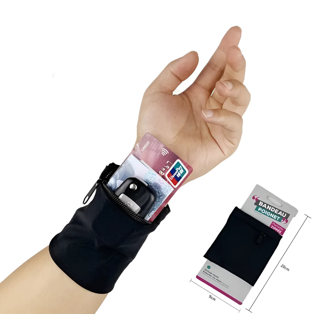 Adjustable wrist armband with a phone compartment, shown for camping and fitness use.