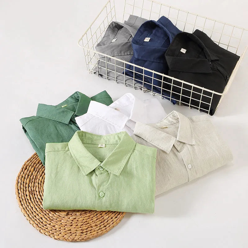 Linen long sleeve loose fit Chinese style cardigan shirt in solid colour