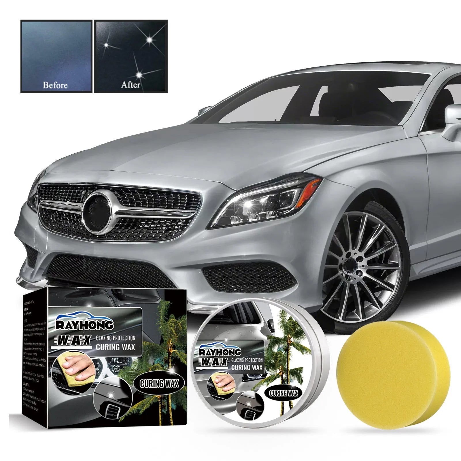 Car coating wax kit showing square wax block and sponge applicator for automotive paint maintenance