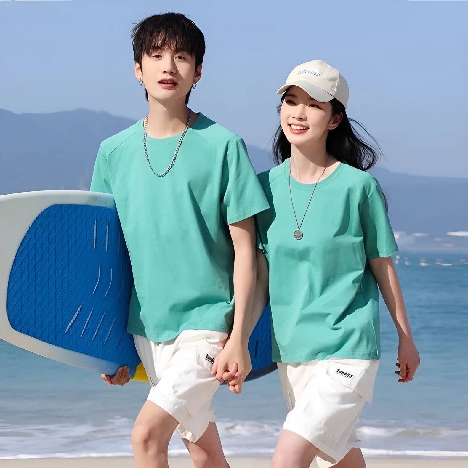 Men's pure cotton straight cut short sleeve t-shirt on a hanger, shown in multiple solid colour options.