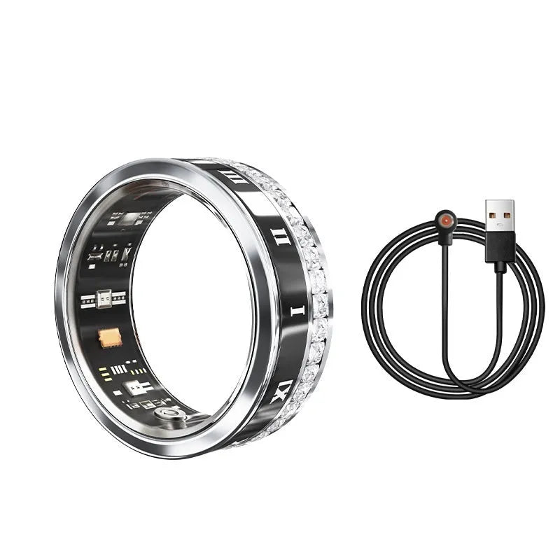 Diamond inlaid smart ring in silver and gold colours showing blood oxygen monitoring functions