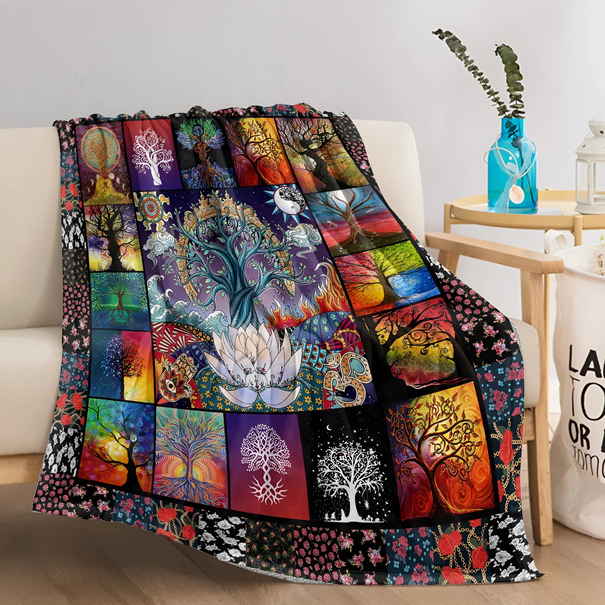 Multicolored flannel blanket with lotus tree print, soft velvet fabric, hemmed edges, available in 75x100cm 130x150cm 150x200cm