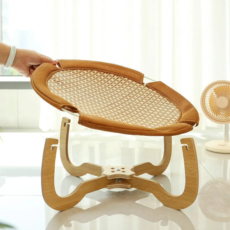 Natural brown woven rattan pet bed hammock measuring 46cm for cats and dogs