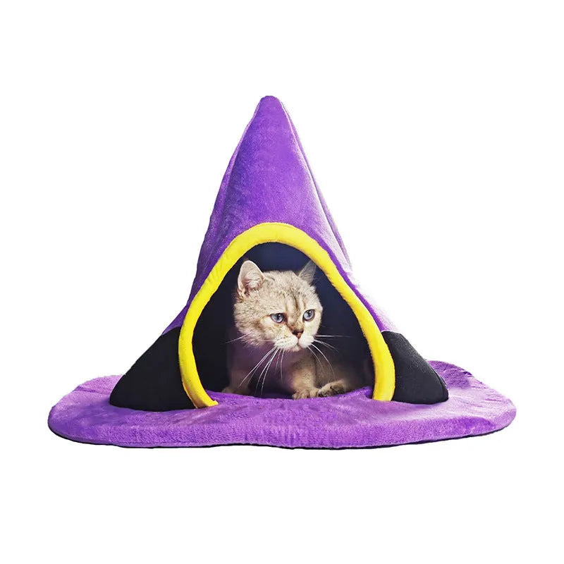 Purple witch hat shaped cloth cat nest bed for feline pets.