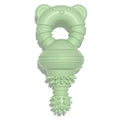 Blue rubber dog chew toy with textured molar cleaning surface and bell inside