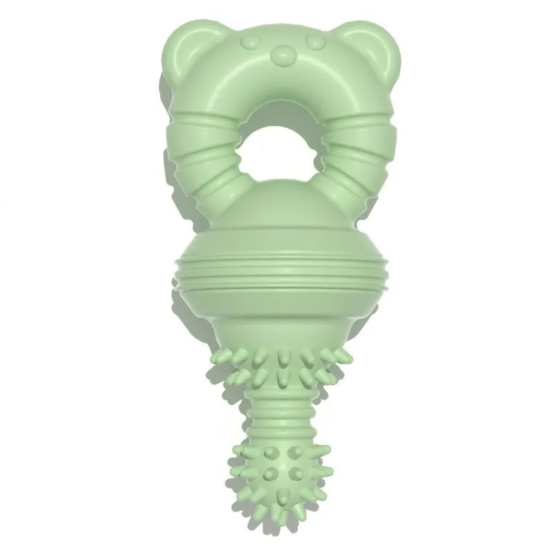 Blue rubber dog chew toy with textured molar cleaning surface and bell inside